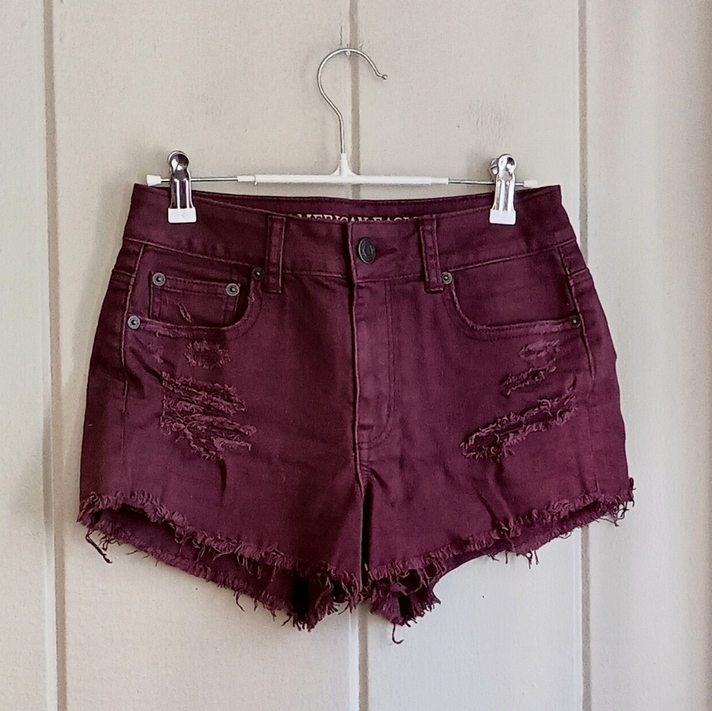 Burgundy Frayed Denim Shorts